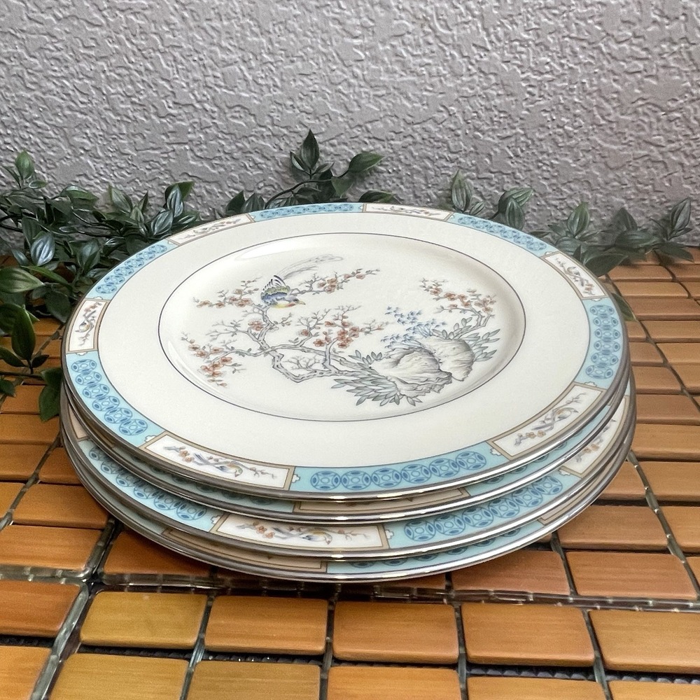 Vintage Lenox Plum Blossoms Dinner Plate Set of 4 Aqua Teal Silver Platinum 10.5